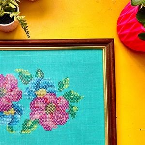 Vintage Framed Floral Cross-stitch